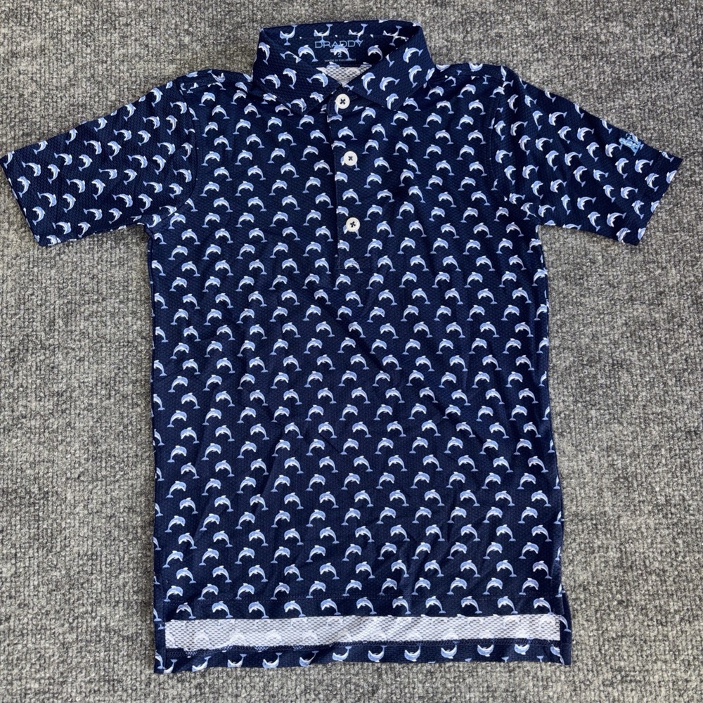 B. Draddy Sport Youth Size 2 Polo Shirt Blue Dolphin Print Golf Performance Top
